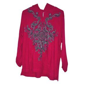 Style & Co Womens Red Hoodie 2X Embellished Scroll Design 100% Cotton